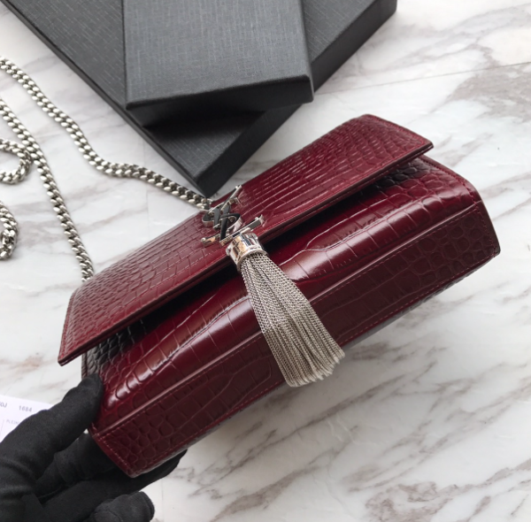 YSL Yves Saint Laurent Mini Crocodile Pattern Tassel Bag – Maroon - Image 5