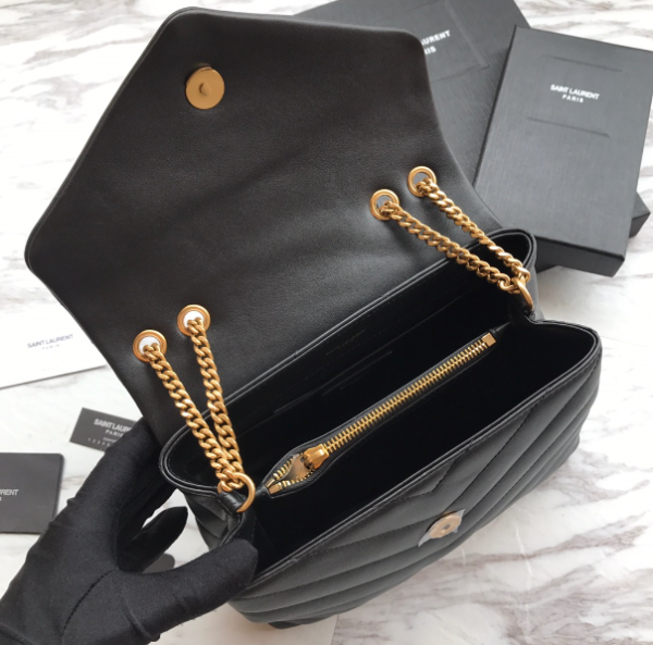 YSL LouLou Y-Shaped Satchel Medium Handbag – Black (Golden Logo) - Image 2