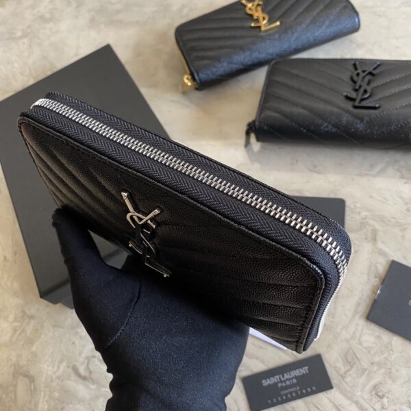 YSL Caviar Zipper Wallet - Black (Silver) - Image 2